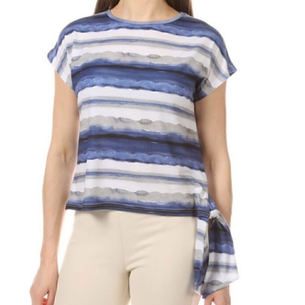 Trisha Tyler Blue Watercolor Stripe Side Tie Tee